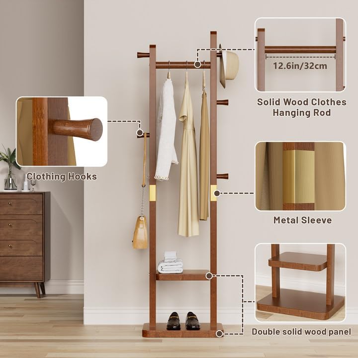 TAITIY Solid Wood Clothes Rack with 2 Shelves & 5 Hooks, Size S, Walnut Brown