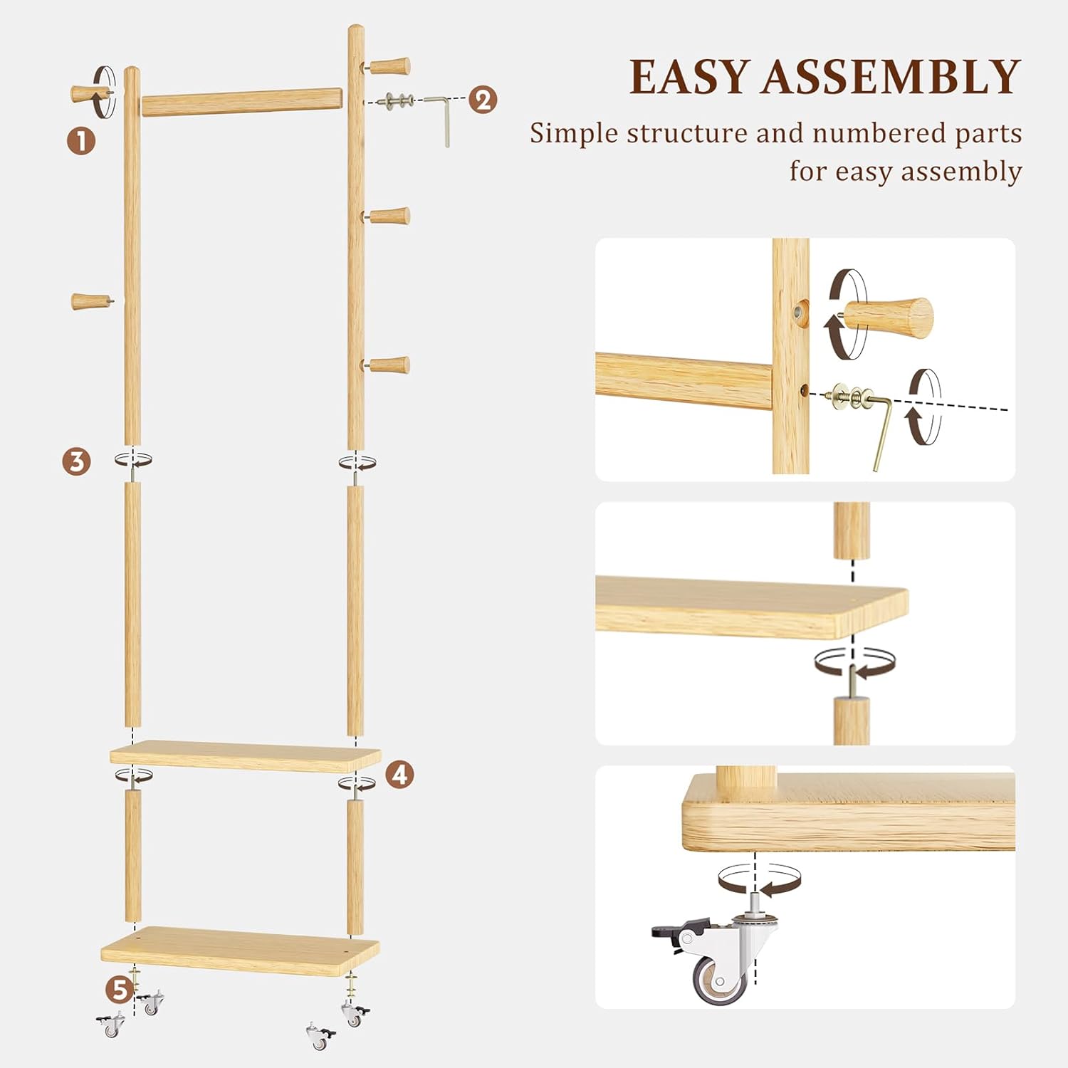 TAITIY Rolling Wood Clothes Rack, 2 Shelves, 5 Hooks, Size L, Natural