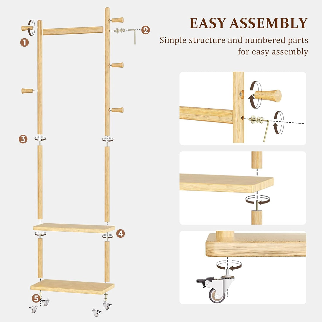 TAITIY Rolling Wood Clothes Rack, 2 Shelves, 5 Hooks, Size L, Natural