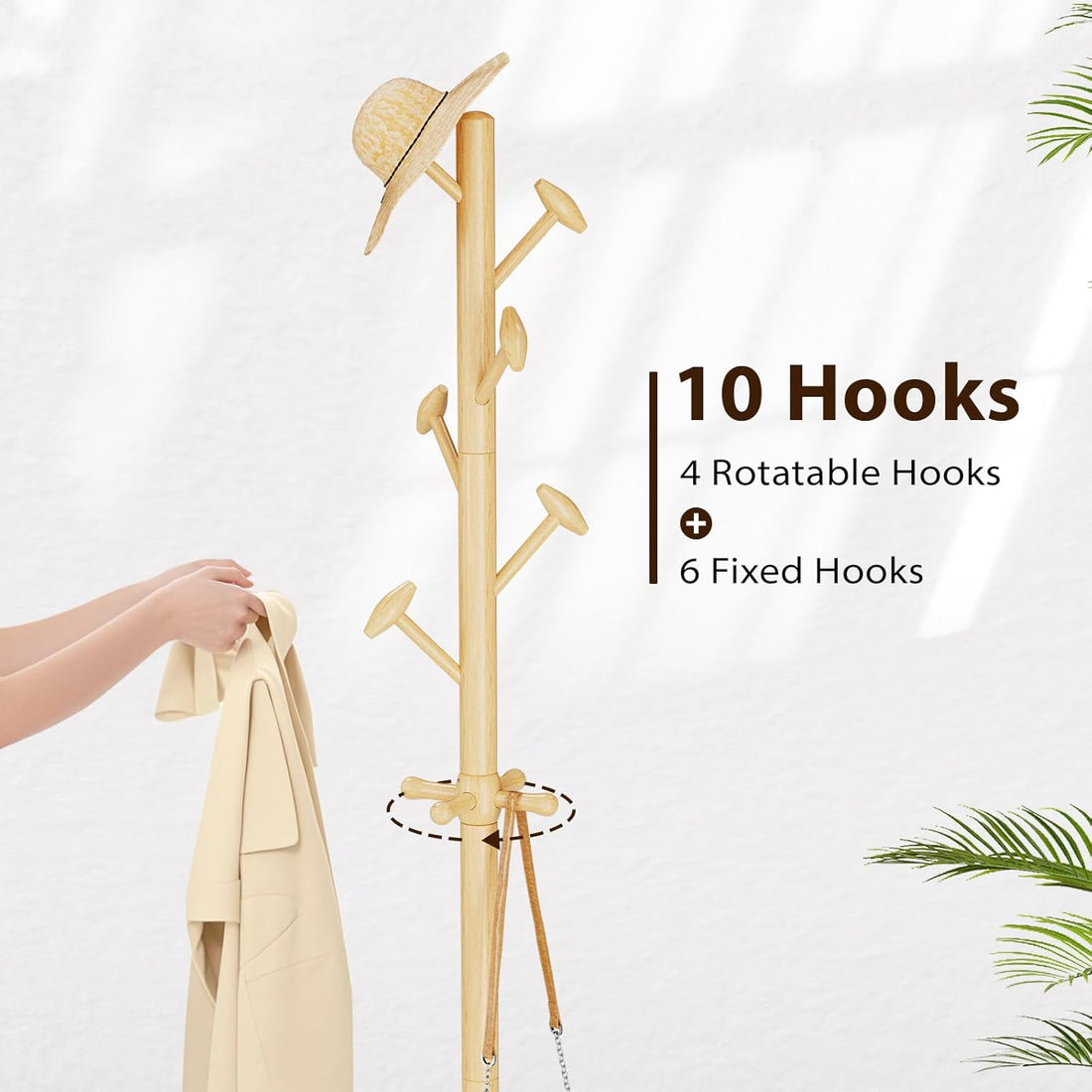 TAITIY 70.5" Solid Wood Coat Tree, 10 Hooks, Natural