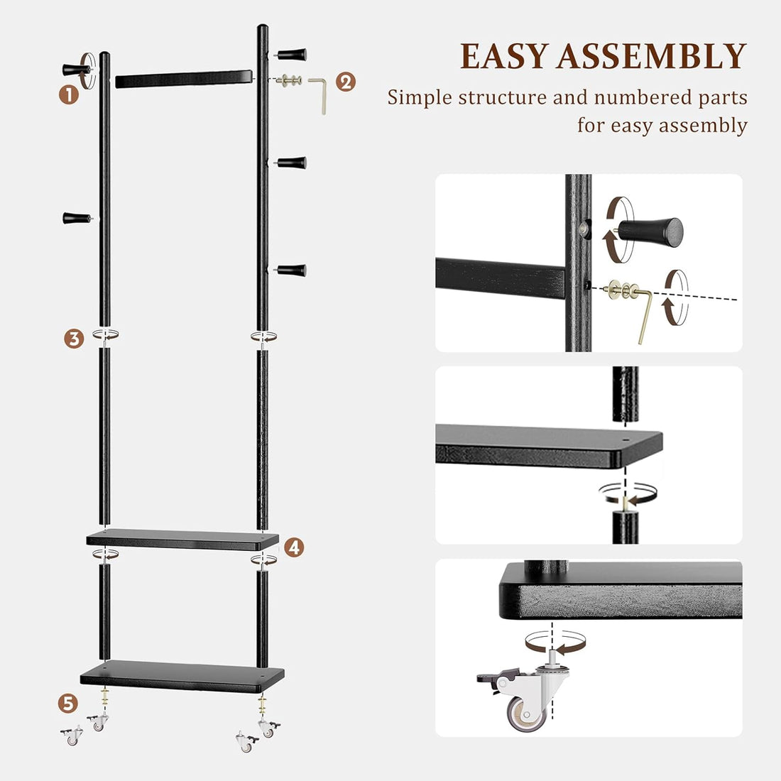 TAITIY Rolling Wood Clothes Rack, 2 Shelves, 5 Hooks, Size L, Black