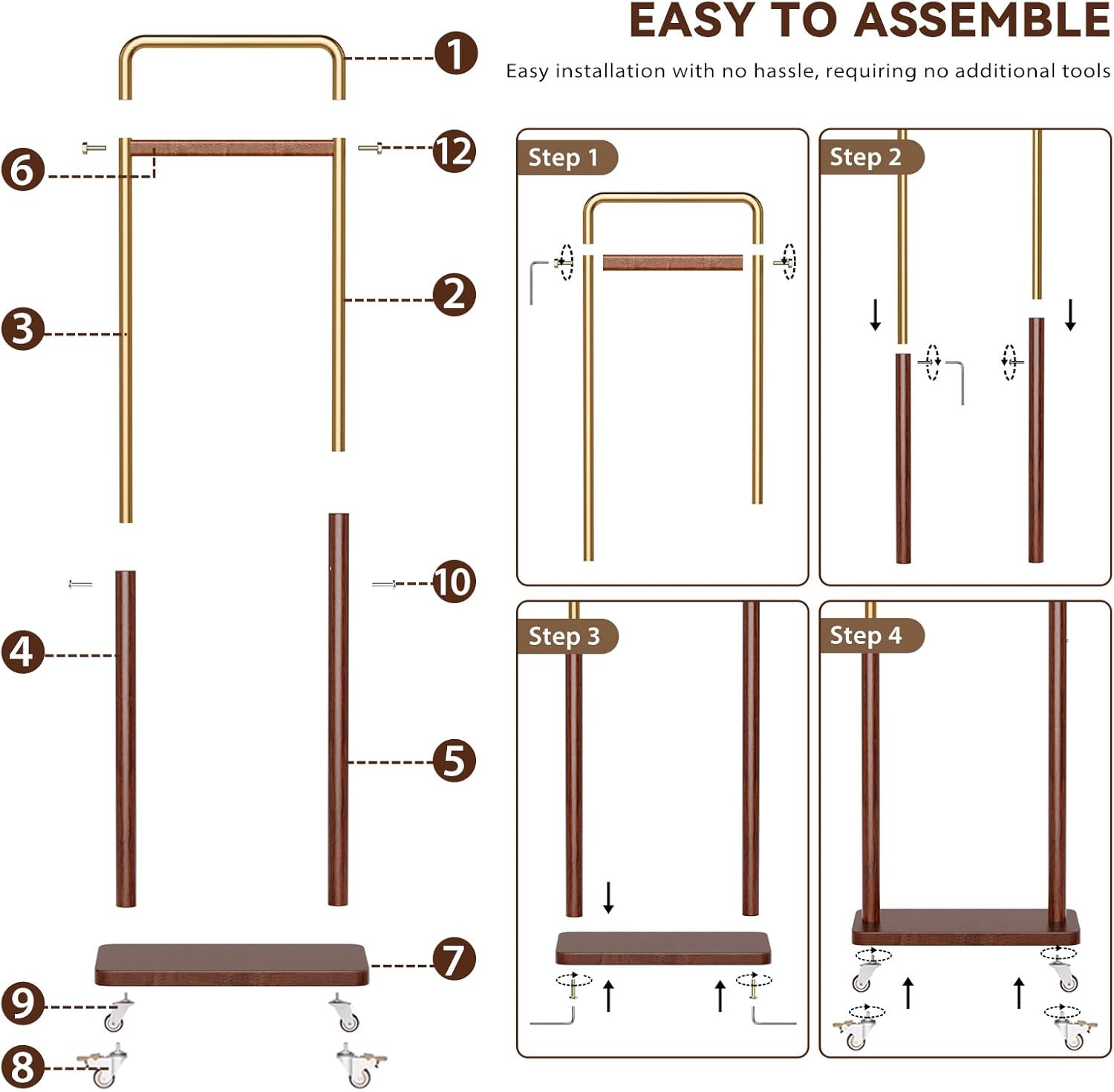 TAITIY Metal & Solid Wood Clothes Rack with Wheels, Slim 15.7" Wide, Walnut Accent