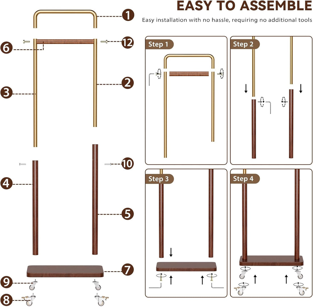 TAITIY Metal & Solid Wood Clothes Rack with Wheels, Slim 15.7" Wide, Walnut Accent