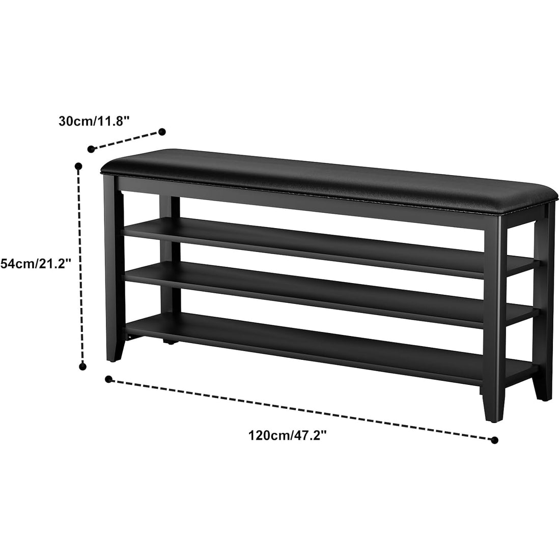TAITIY 47.2-Inch Black Leather Cushion Shoe Storage Bench