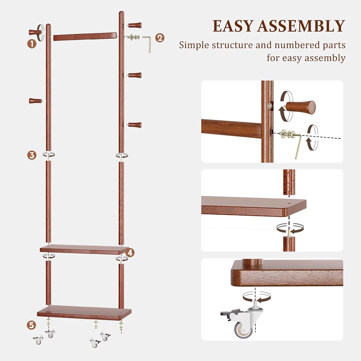 TAITIY Rolling Wood Clothes Rack with Wheels, 2 Shelves, 5 Hooks, Size L, Walnut Brown