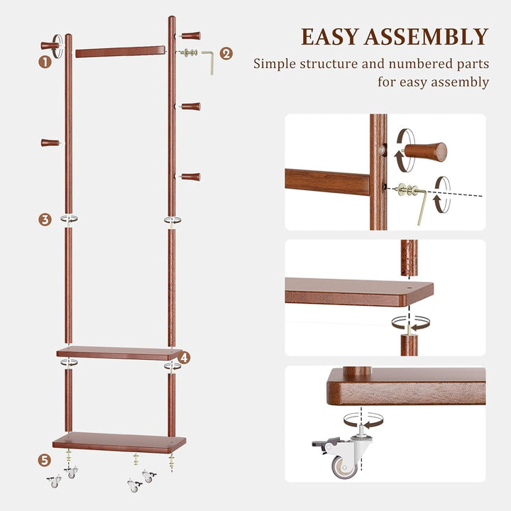 TAITIY Rolling Wood Clothes Rack with Wheels, 2 Shelves, 5 Hooks, Size L, Walnut Brown