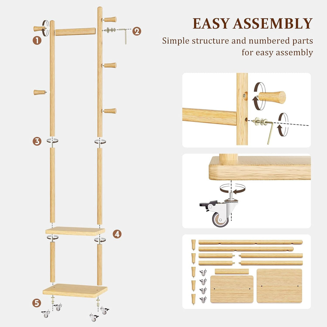 TAITIY Rolling Wood Clothes Rack, 2 Shelves, 5 Hooks, Size S, Natural