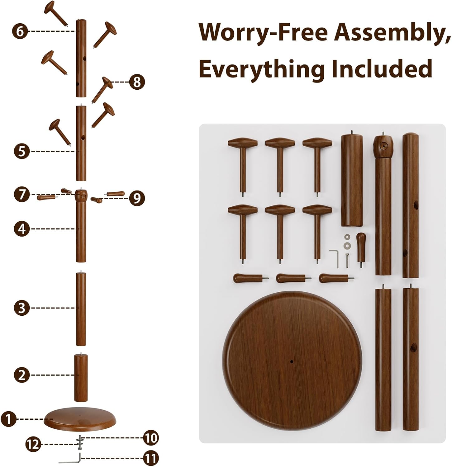 TAITIY 70.5" Solid Wood Coat Tree, 10 Hooks, Walnut Brown