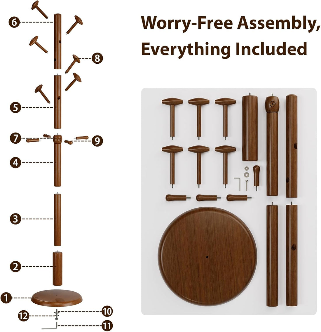 TAITIY 70.5" Solid Wood Coat Tree, 10 Hooks, Walnut Brown