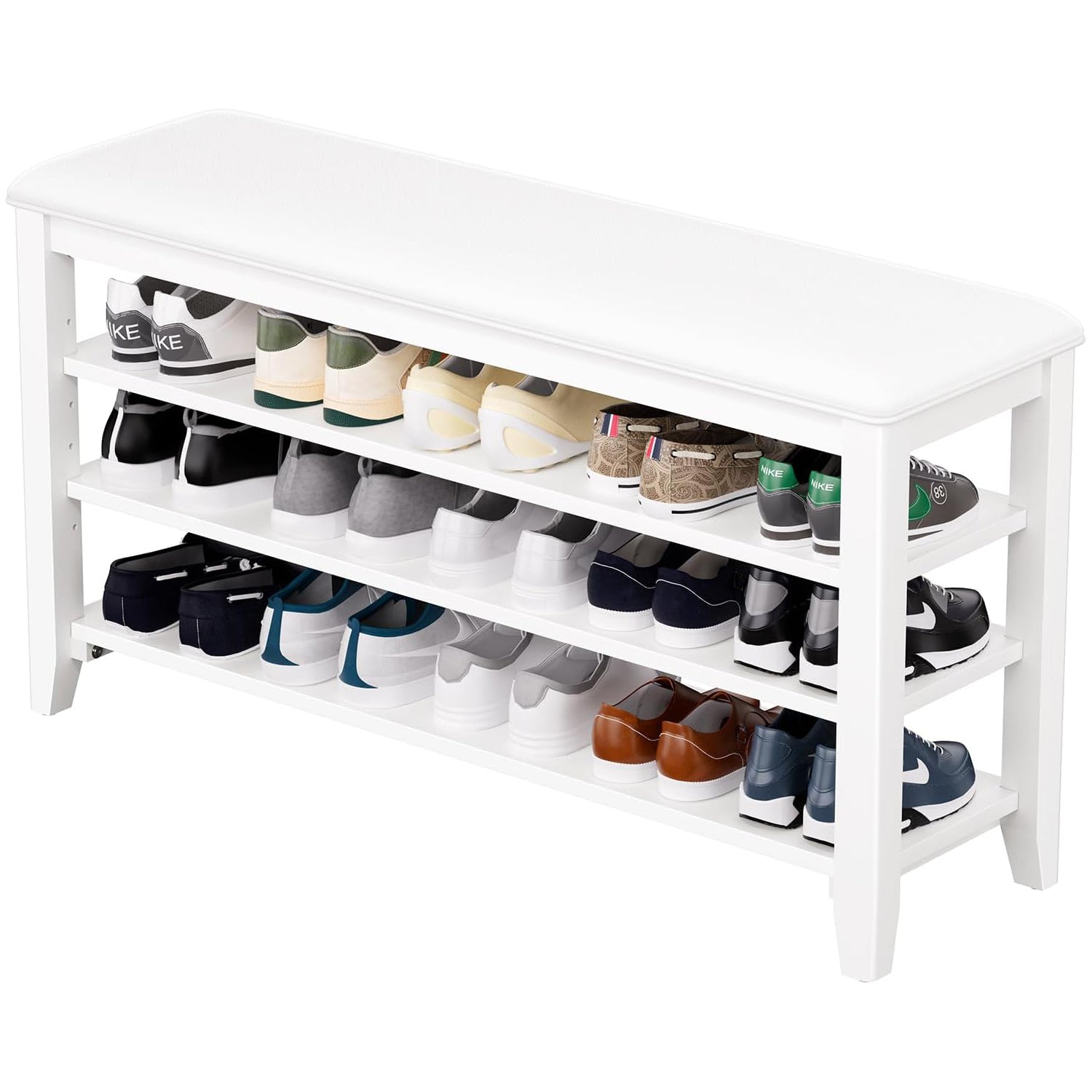 TAITIY 39.4-Inch White Leather Cushion Shoe Storage Bench