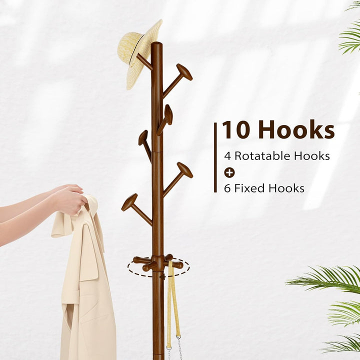 TAITIY 70.5" Solid Wood Coat Tree, 10 Hooks, Walnut Brown