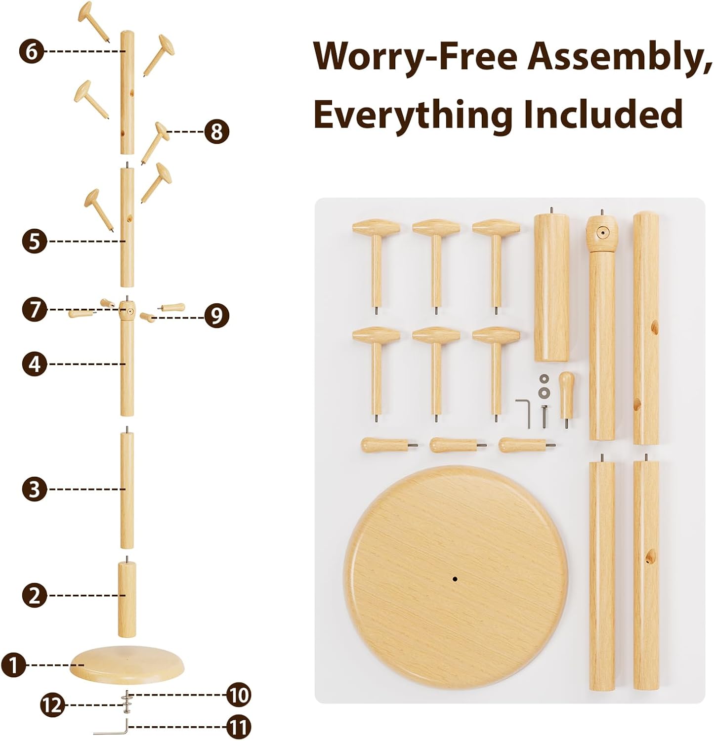 TAITIY 70.5" Solid Wood Coat Tree, 10 Hooks, Natural