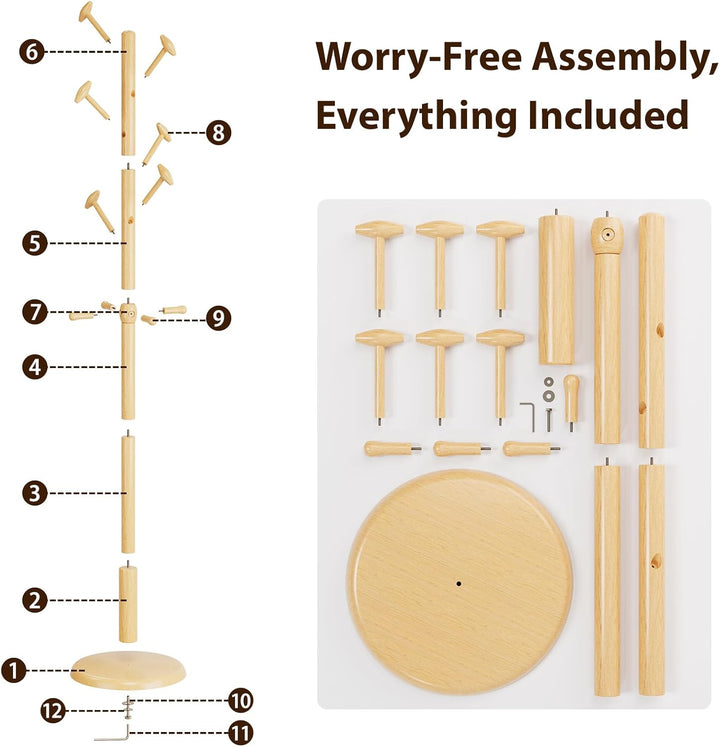 TAITIY 70.5" Solid Wood Coat Tree, 10 Hooks, Natural