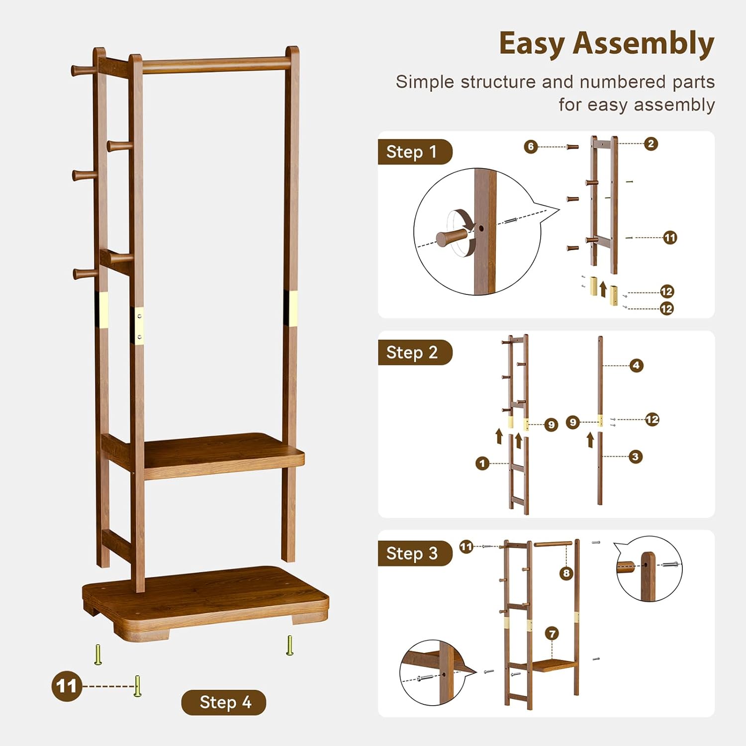 TAITIY Solid Wood Clothes Rack, 2 Shelves & 4 Hooks, Size S 18.11" Wide, Walnut Brown