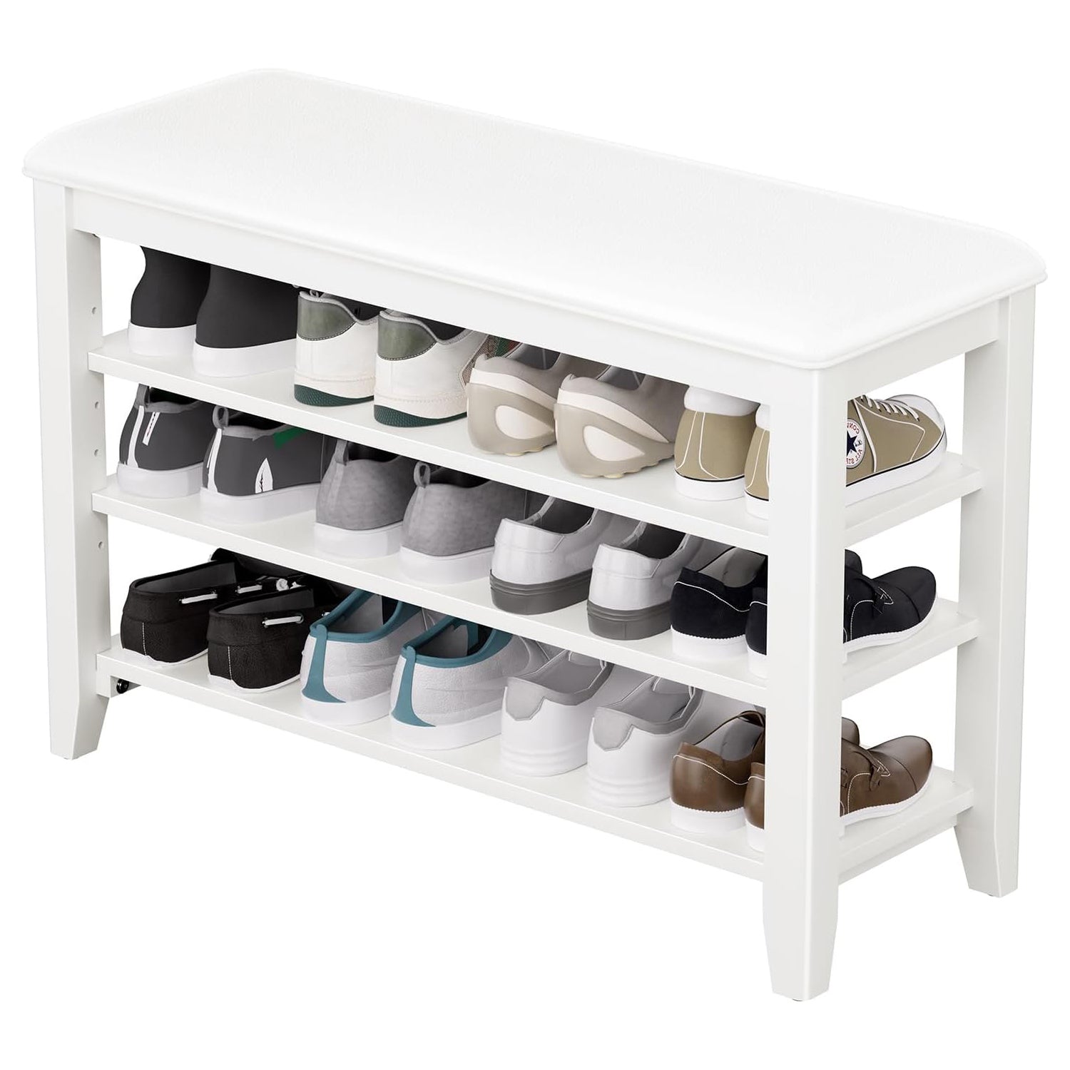 TAITIY 31.5-Inch White Leather Cushion Shoe Storage Bench