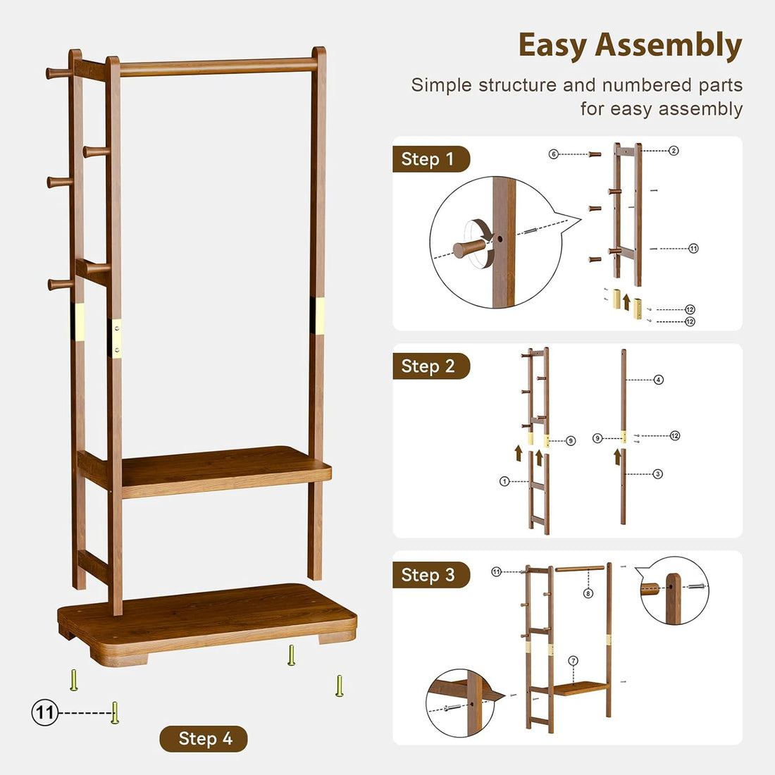 TAITIY Solid Wood Clothes Rack, 2 Shelves & 4 Hooks, Size L 25.98" Wide, Walnut Brown