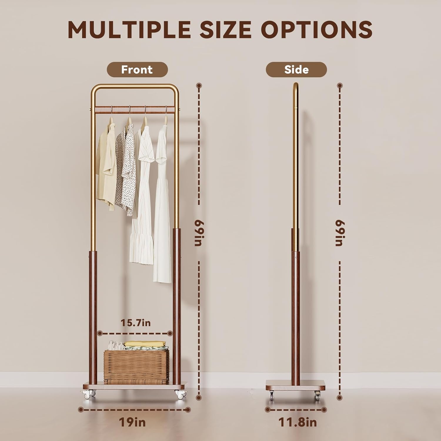 TAITIY Metal & Solid Wood Clothes Rack with Wheels, Wide 18.9" Wide, Walnut Accent