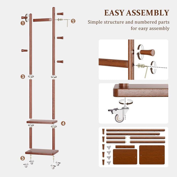 TAITIY Rolling Wood Clothes Rack with Wheels, 2 Shelves, 5 Hooks, Size S, Walnut Brown