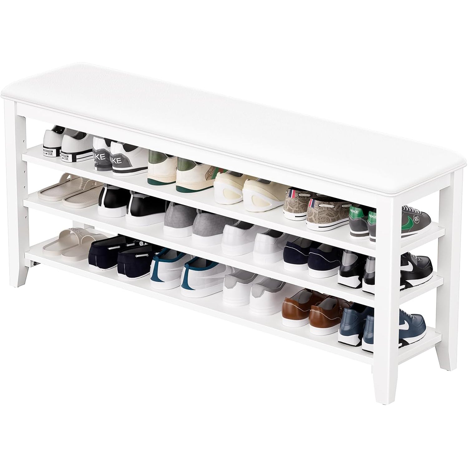 TAITIY 47.2-Inch White Leather Cushion Shoe Storage Bench