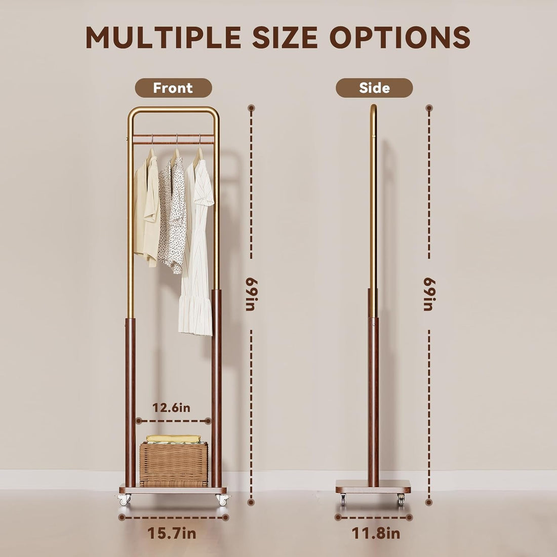 TAITIY Metal & Solid Wood Clothes Rack with Wheels, Slim 15.7" Wide, Walnut Accent