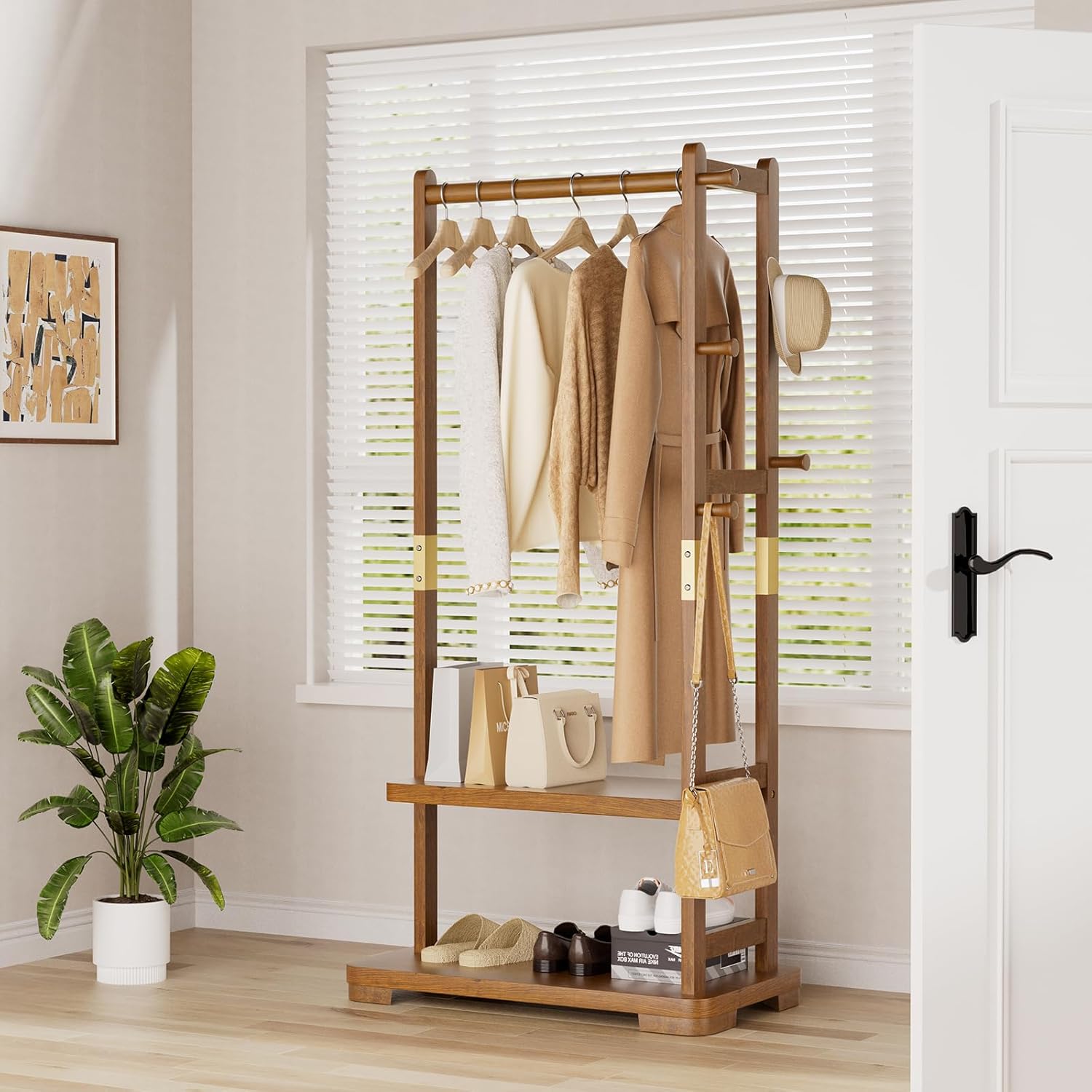 TAITIY Solid Wood Clothes Rack, 2 Shelves & 4 Hooks, Size L 25.98" Wide, Walnut Brown