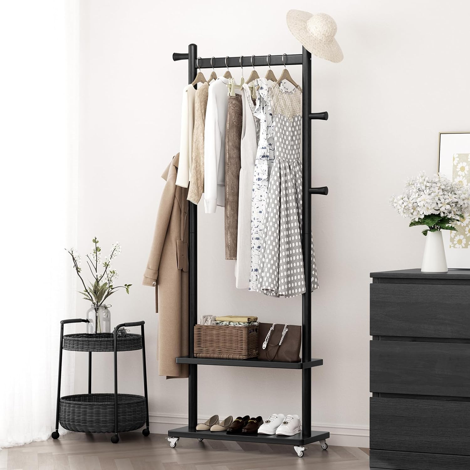 TAITIY Rolling Wood Clothes Rack, 2 Shelves, 5 Hooks, Size L, Black