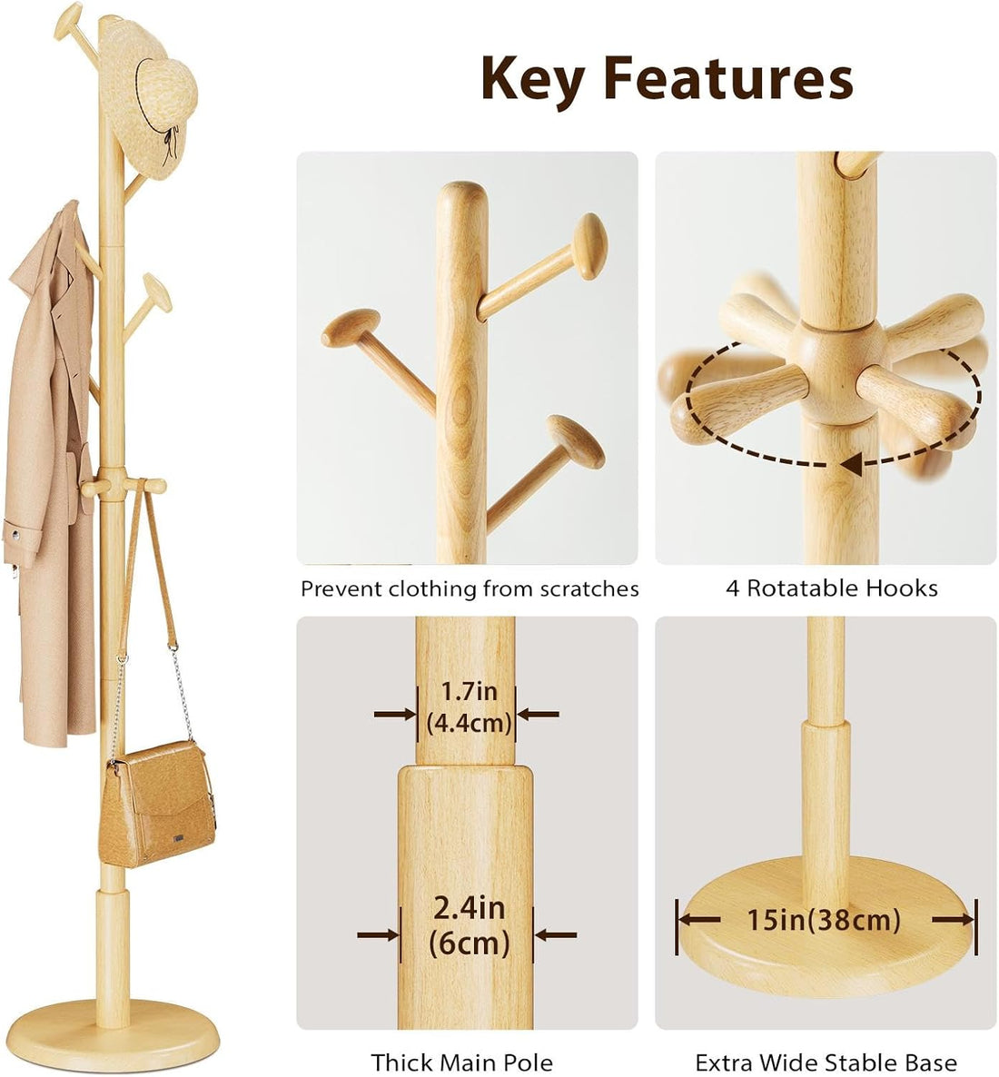 TAITIY 70.5" Solid Wood Coat Tree, 10 Hooks, Natural