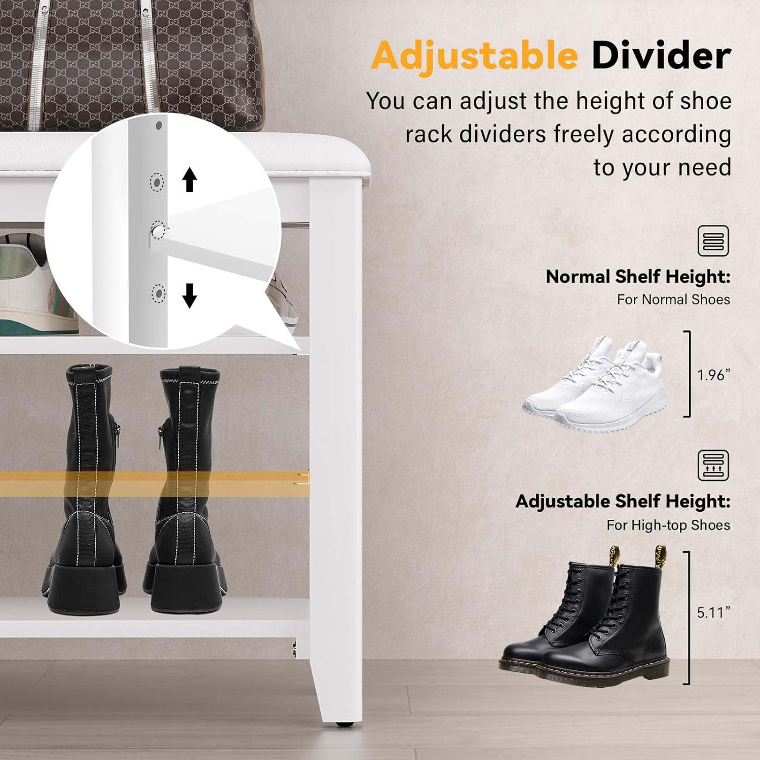 TAITIY 31.5-Inch White Leather Cushion Shoe Storage Bench