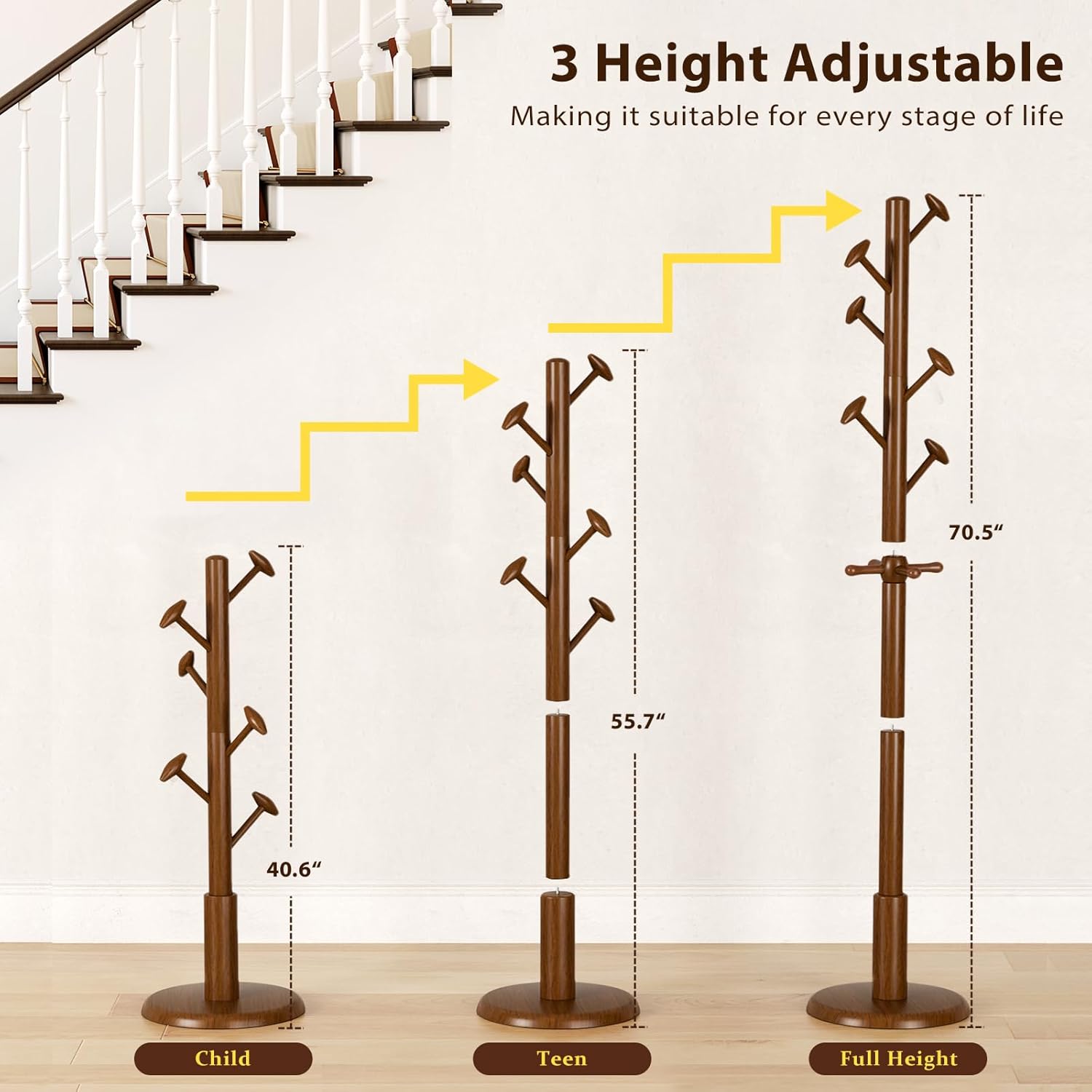 TAITIY 70.5" Solid Wood Coat Tree, 10 Hooks, Walnut Brown