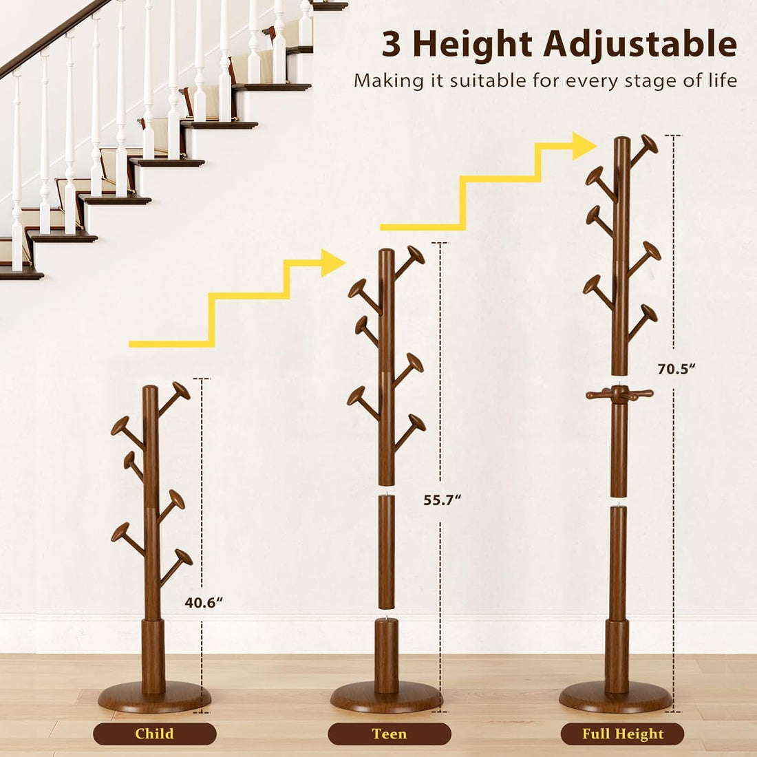 TAITIY 70.5" Solid Wood Coat Tree, 10 Hooks, Walnut Brown