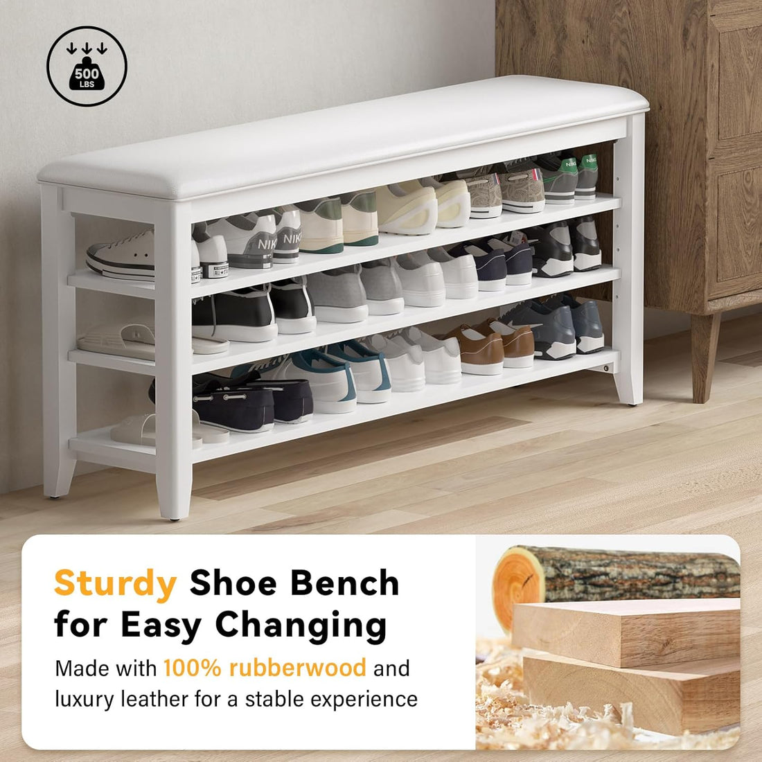 TAITIY 47.2-Inch White Leather Cushion Shoe Storage Bench