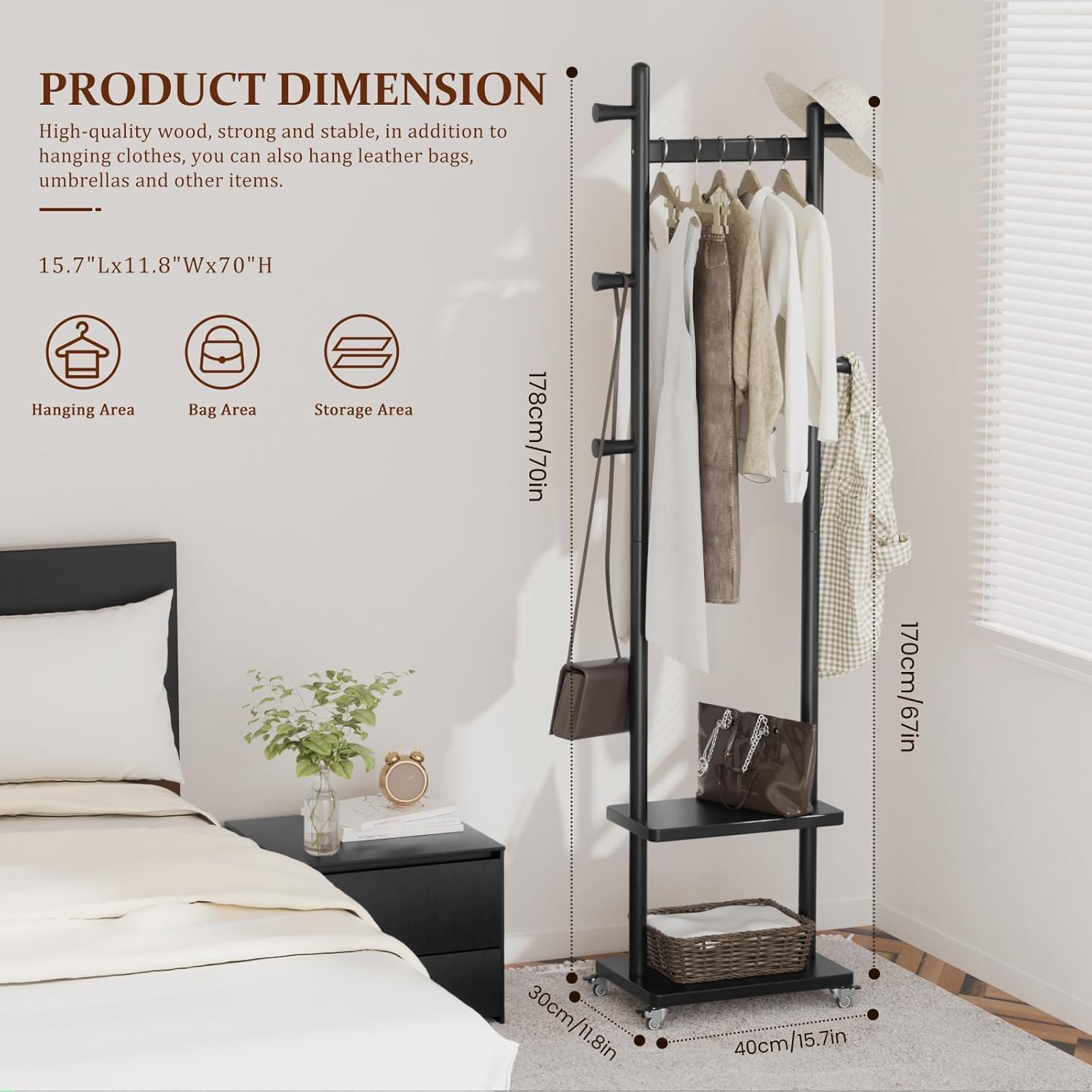 TAITIY Rolling Wood Clothes Rack, 2 Shelves, 5 Hooks, Size S, Black