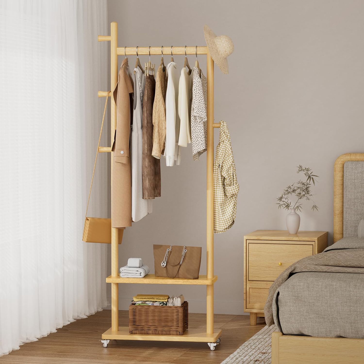 TAITIY Rolling Wood Clothes Rack, 2 Shelves, 5 Hooks, Size L, Natural