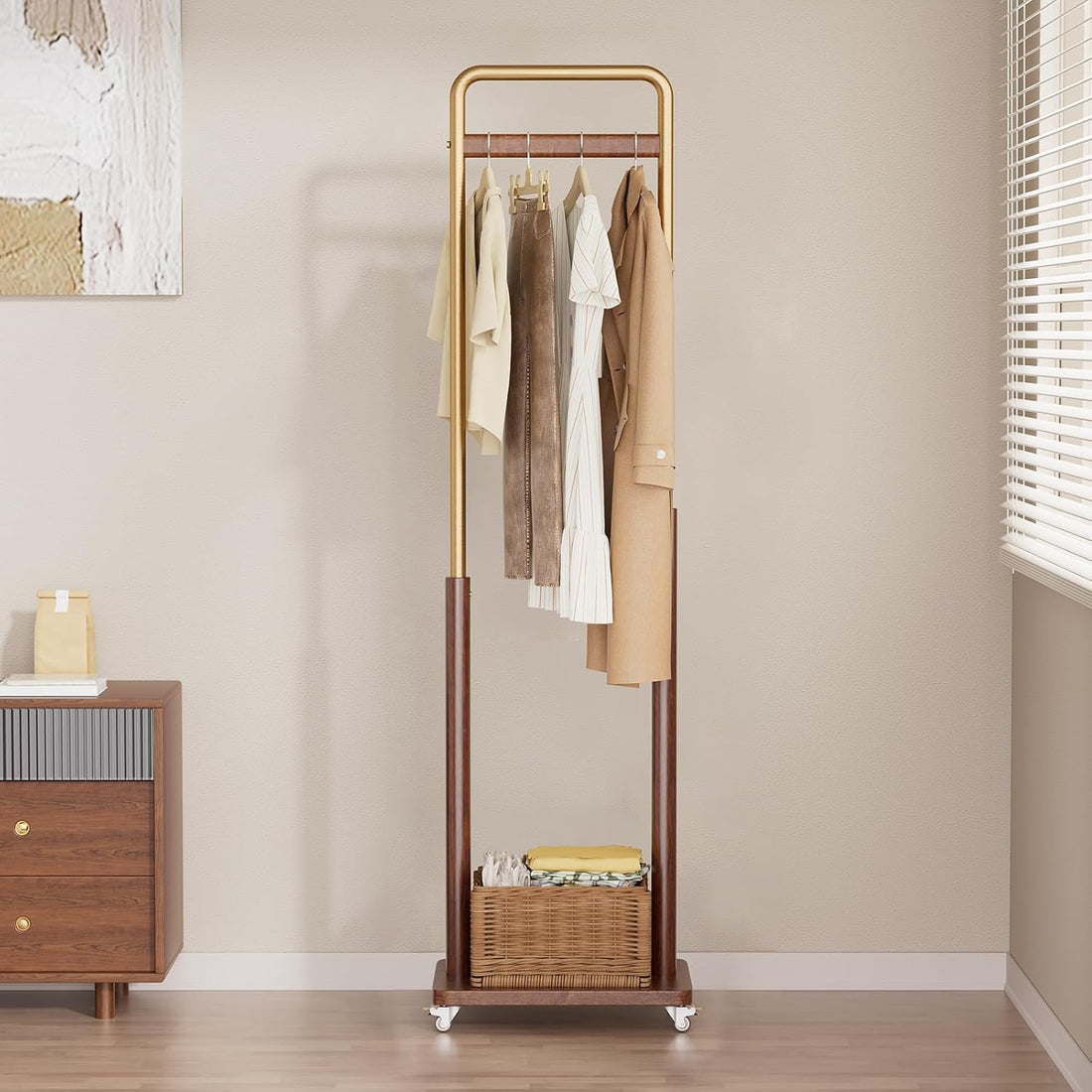 TAITIY Metal & Solid Wood Clothes Rack with Wheels, Slim 15.7" Wide, Walnut Accent