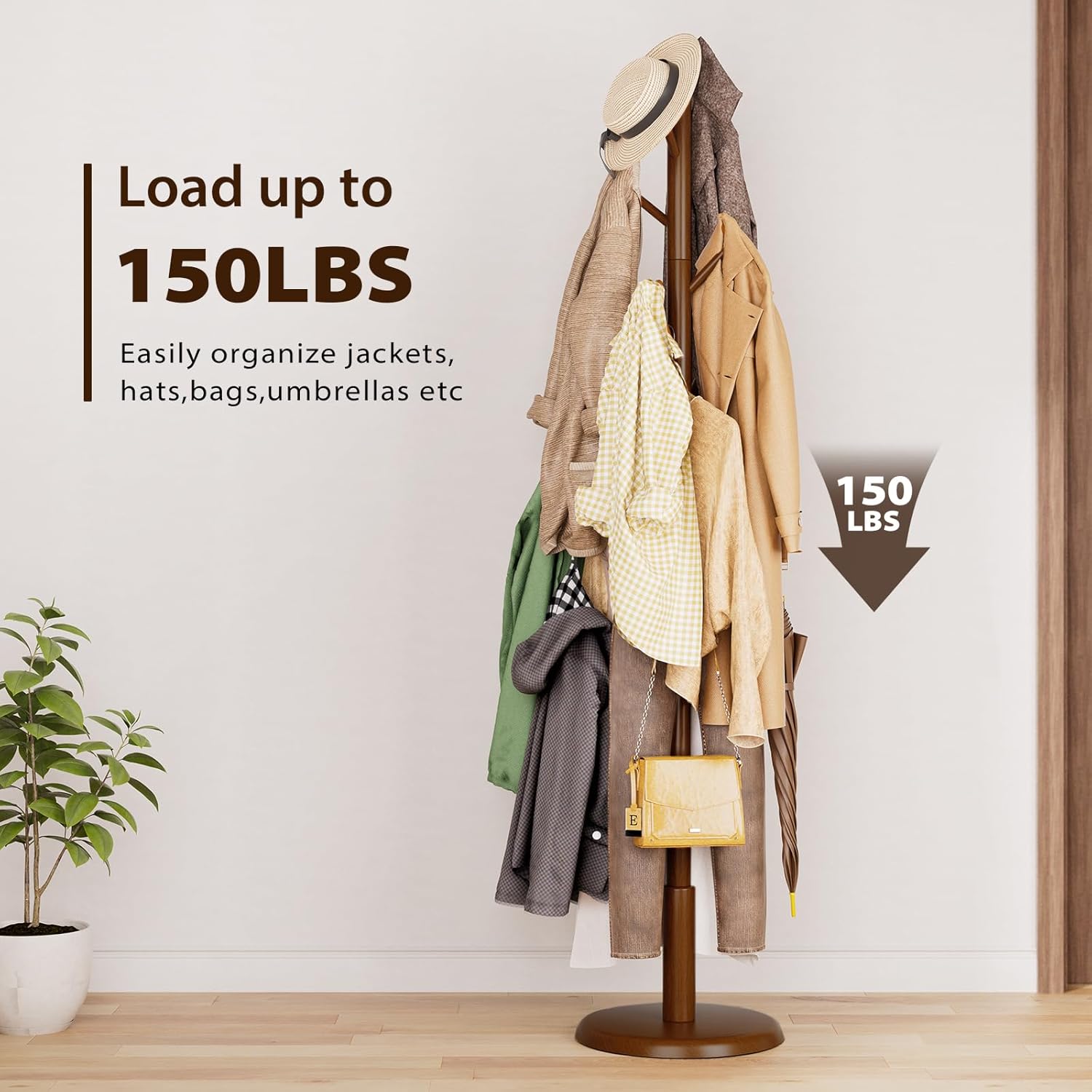 TAITIY 70.5" Solid Wood Coat Tree, 10 Hooks, Walnut Brown