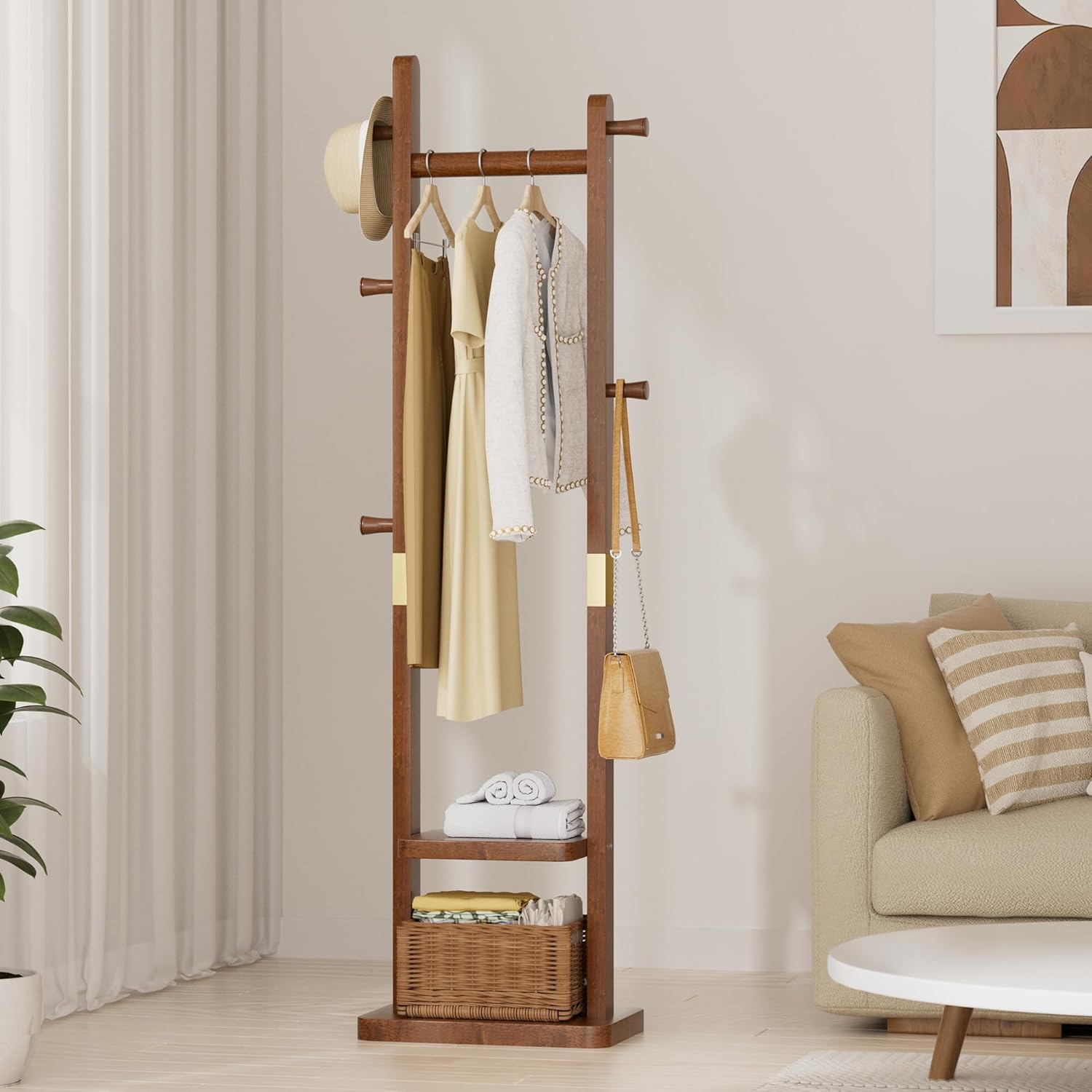 TAITIY Solid Wood Clothes Rack with 2 Shelves & 5 Hooks, Size S, Walnut Brown