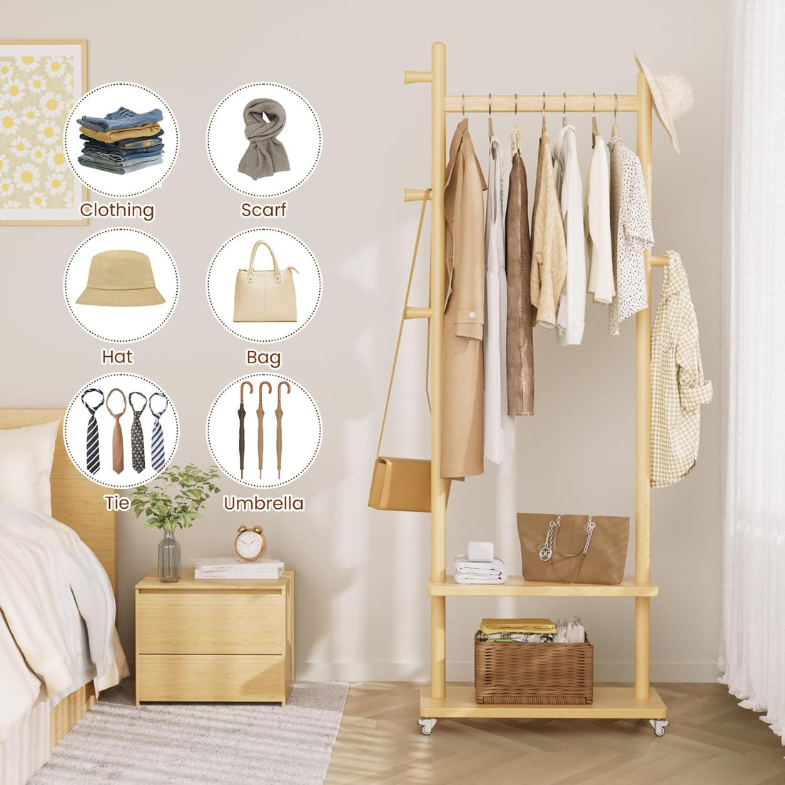 TAITIY Rolling Wood Clothes Rack, 2 Shelves, 5 Hooks, Size L, Natural