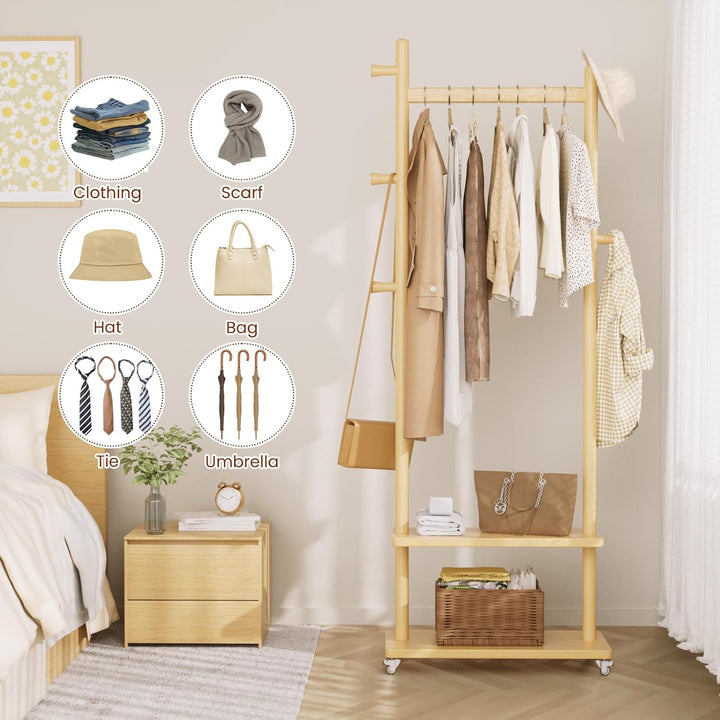 TAITIY Rolling Wood Clothes Rack, 2 Shelves, 5 Hooks, Size L, Natural