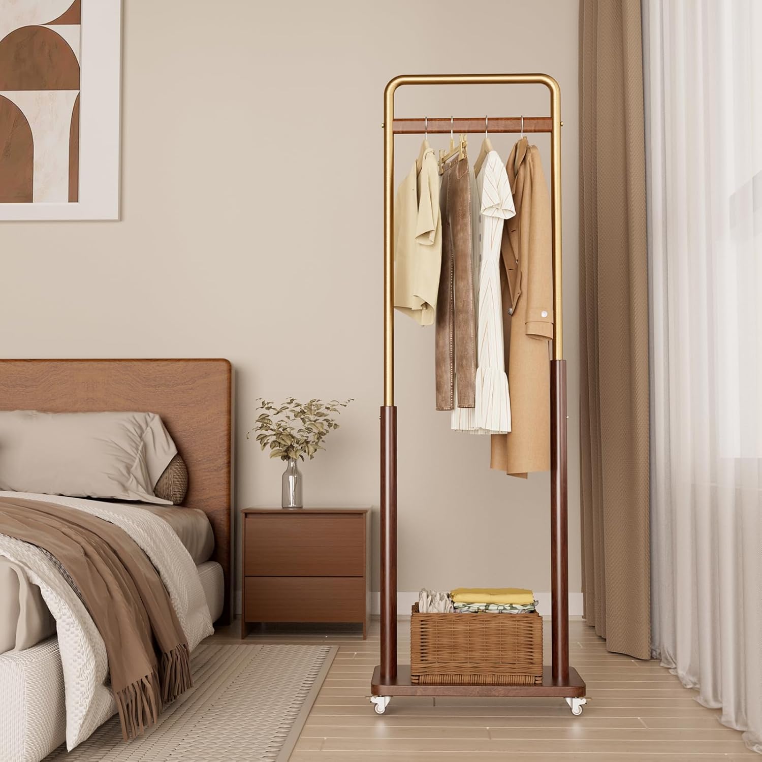 TAITIY Metal & Solid Wood Clothes Rack with Wheels, Wide 18.9" Wide, Walnut Accent