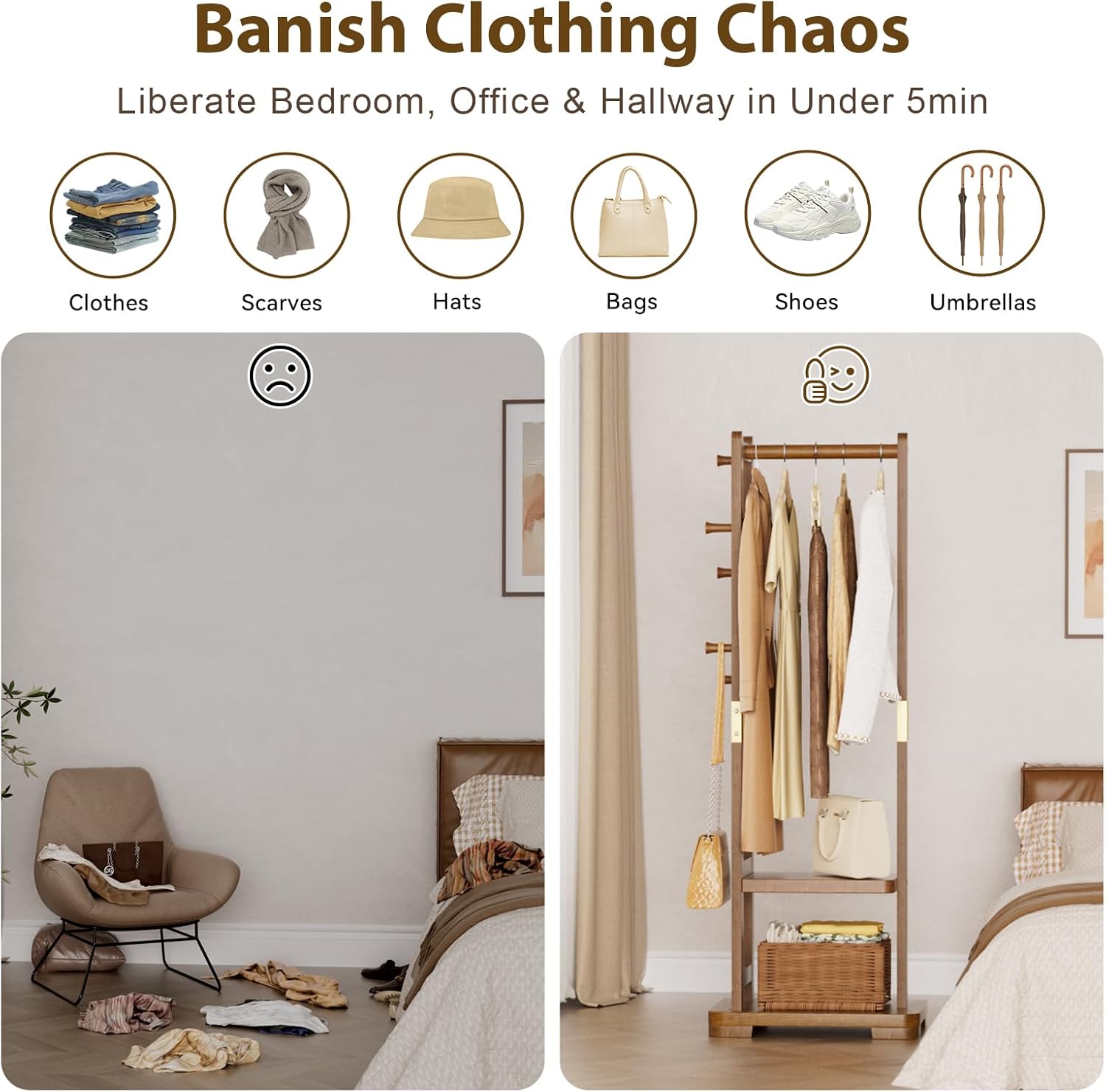 TAITIY Solid Wood Clothes Rack, 2 Shelves & 4 Hooks, Size S 18.11" Wide, Walnut Brown