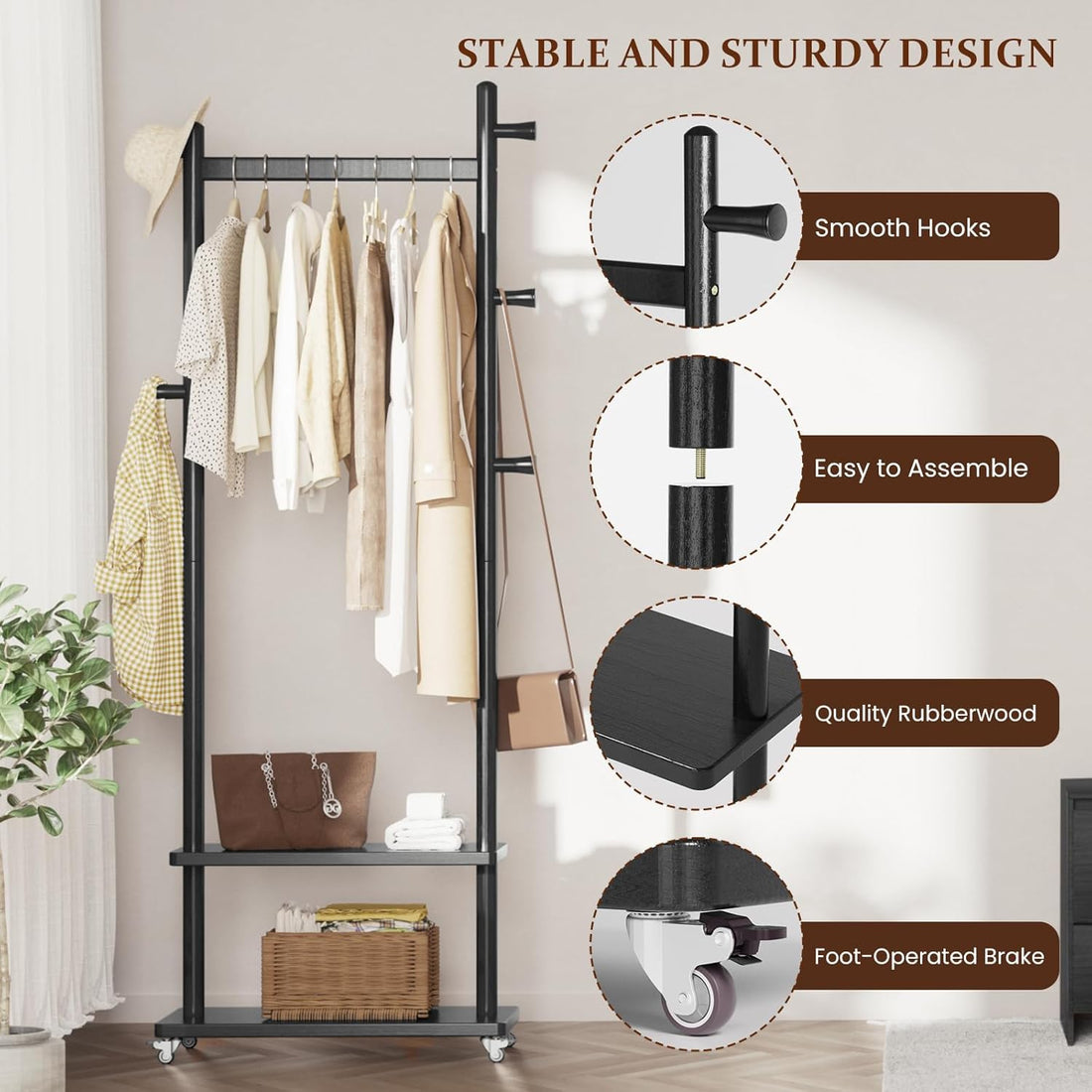 TAITIY Rolling Wood Clothes Rack, 2 Shelves, 5 Hooks, Size L, Black