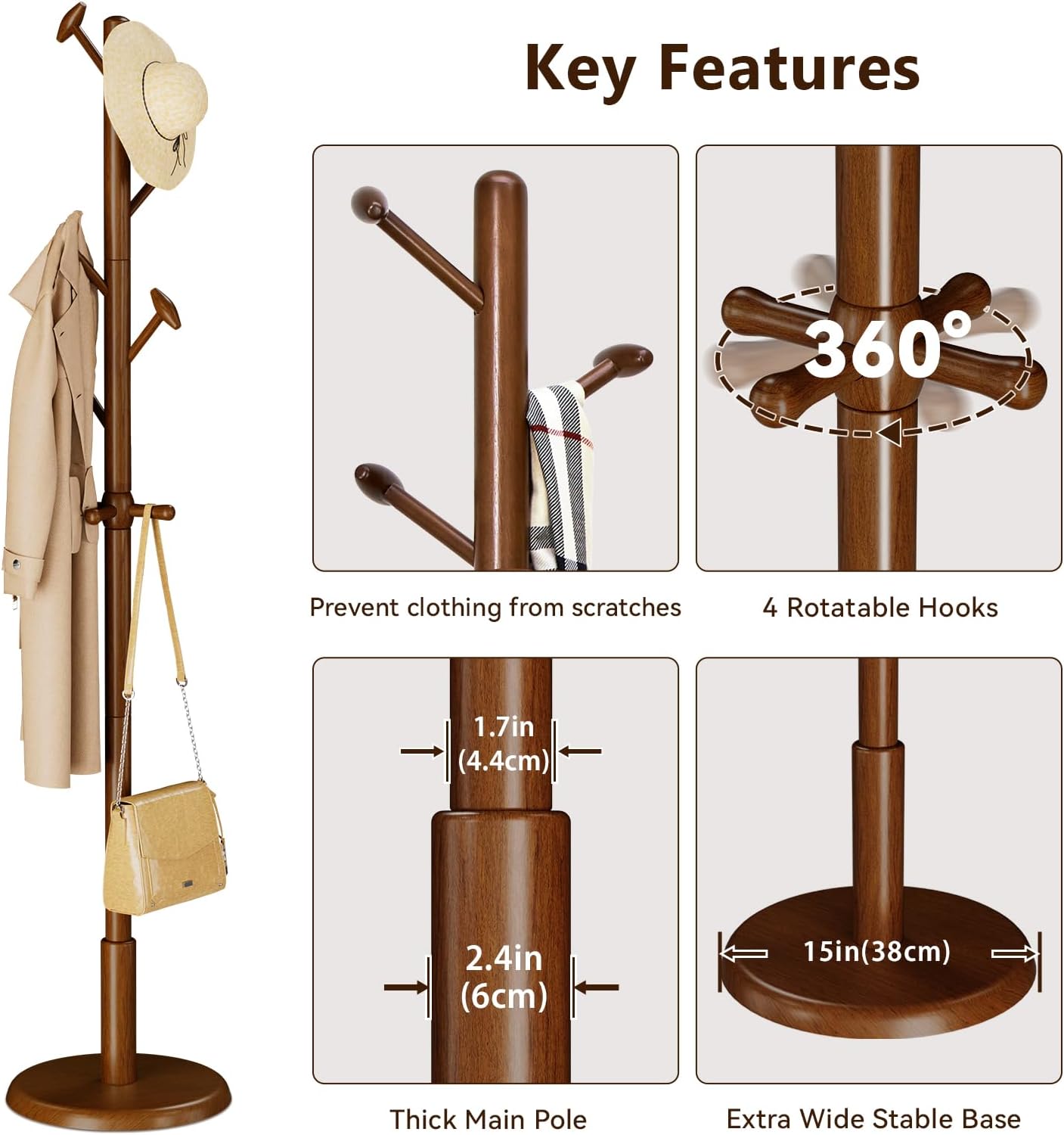 TAITIY 70.5" Solid Wood Coat Tree, 10 Hooks, Walnut Brown