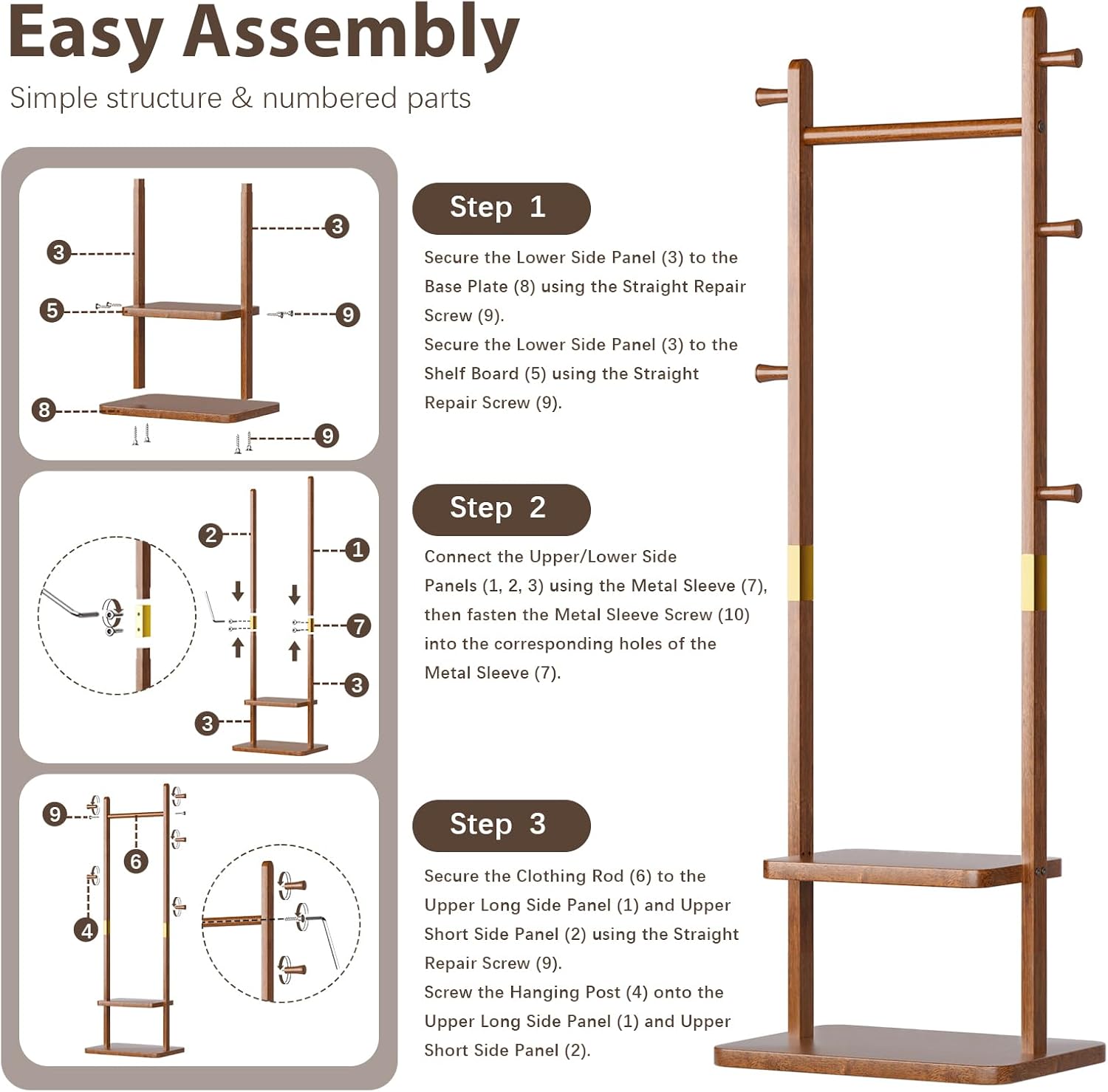 TAITIY Solid Wood Clothes Rack with 2 Shelves & 5 Hooks, Size L, Walnut Brown