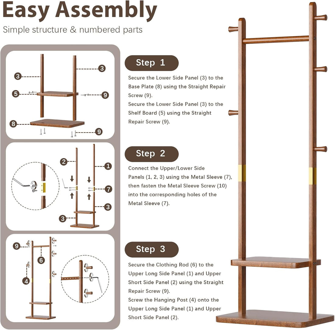 TAITIY Solid Wood Clothes Rack with 2 Shelves & 5 Hooks, Size L, Walnut Brown