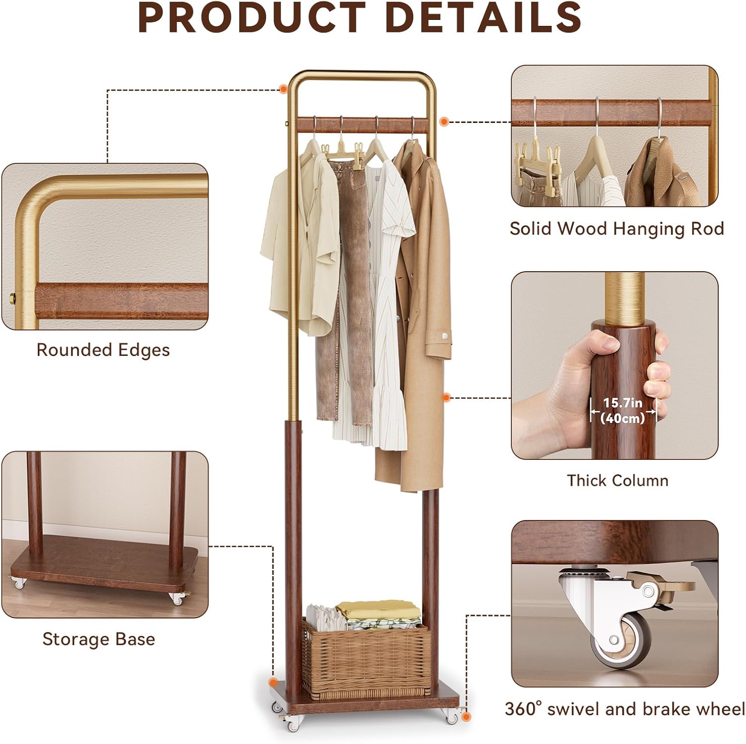 TAITIY Metal & Solid Wood Clothes Rack with Wheels, Slim 15.7" Wide, Walnut Accent