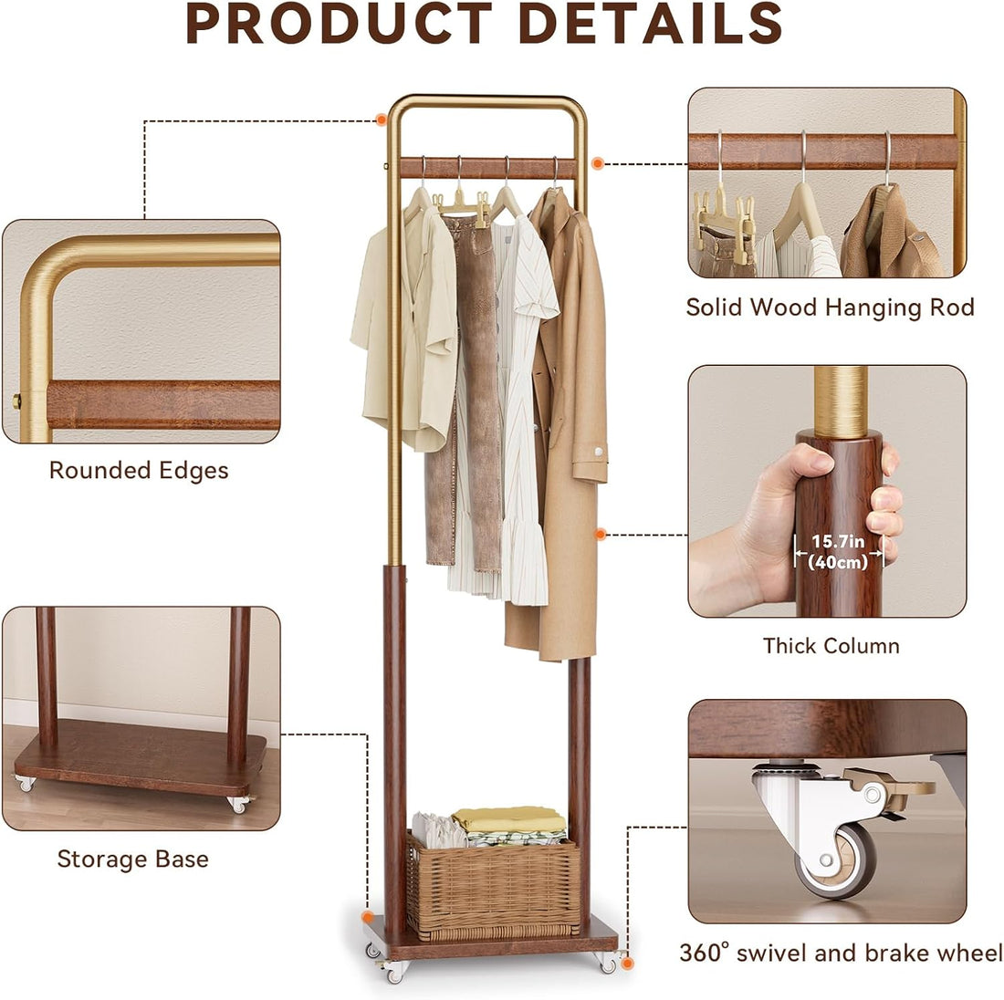 TAITIY Metal & Solid Wood Clothes Rack with Wheels, Slim 15.7" Wide, Walnut Accent