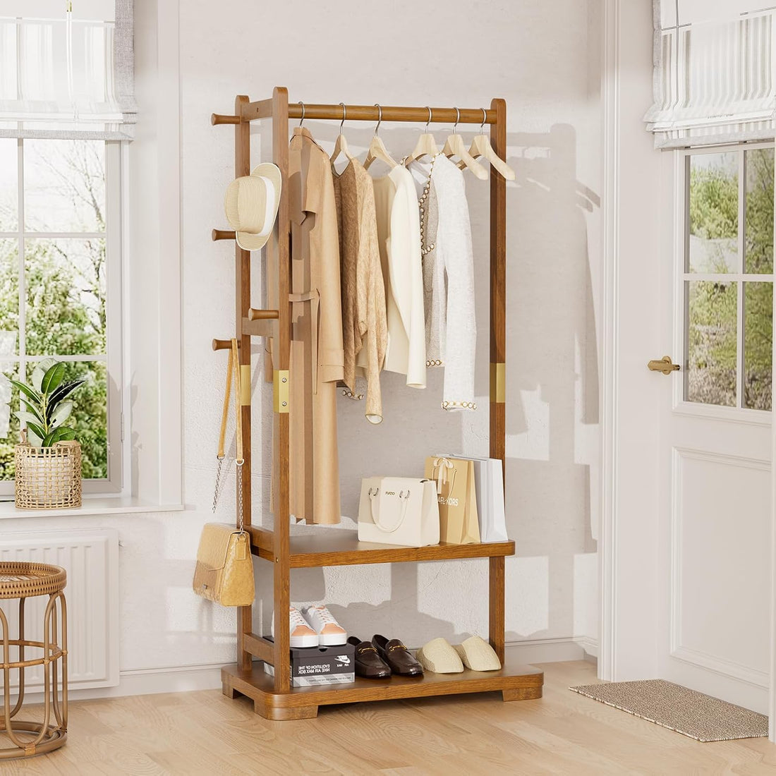 TAITIY Solid Wood Clothes Rack, 2 Shelves & 4 Hooks, Size L 25.98" Wide, Walnut Brown