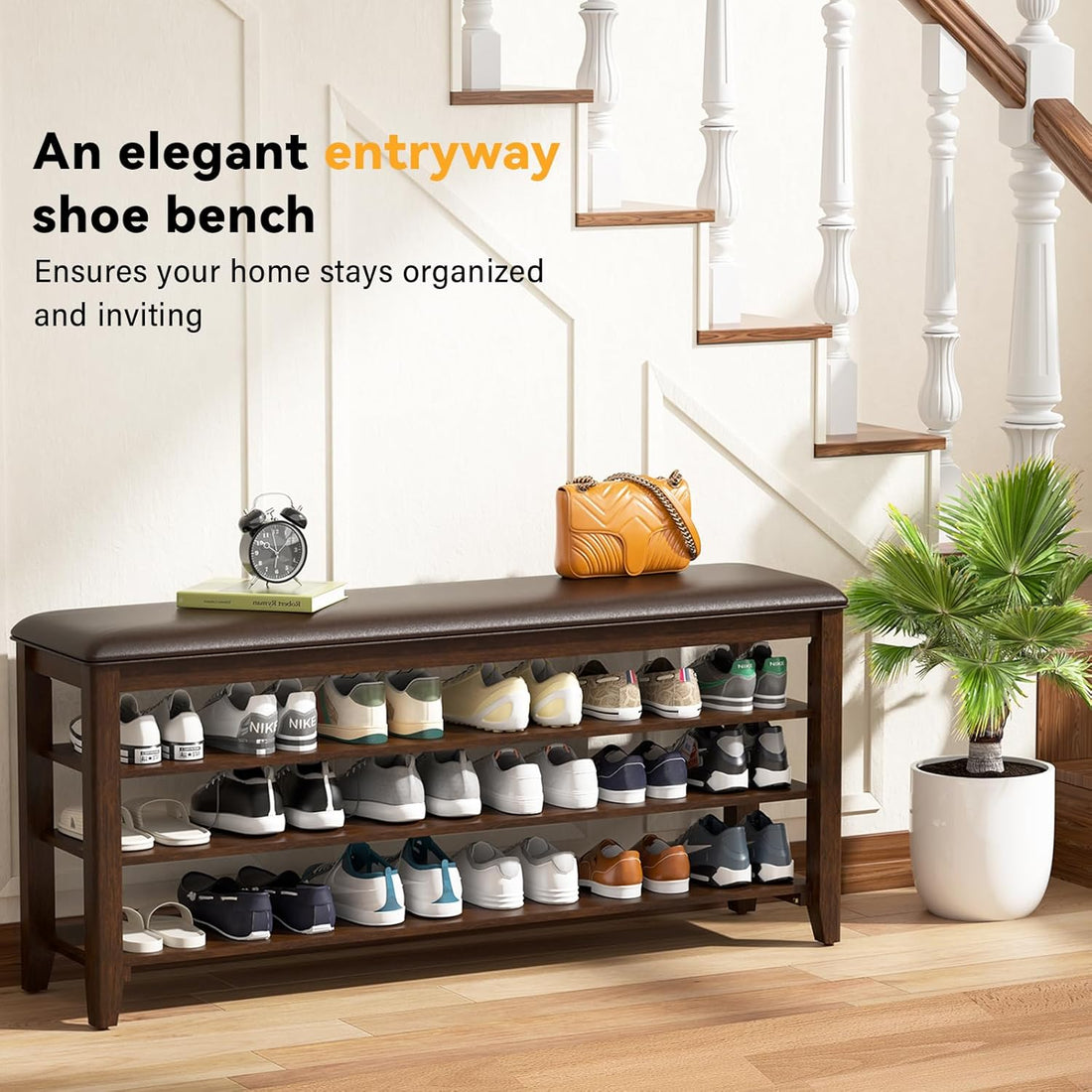 TAITIY 47.2-Inch Walnut Shoe Bench with Leather Cushion