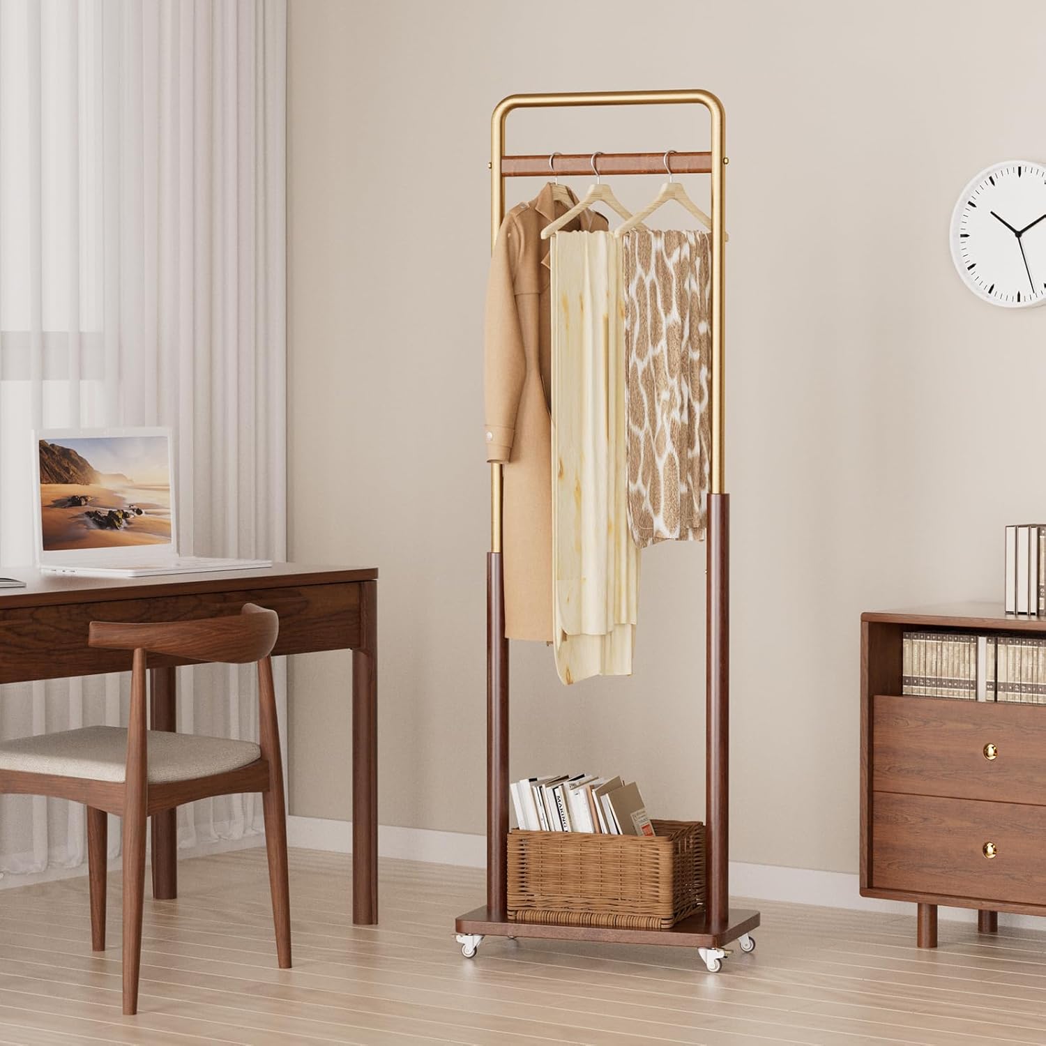 TAITIY Metal & Solid Wood Clothes Rack with Wheels, Wide 18.9" Wide, Walnut Accent