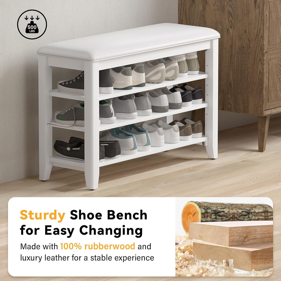TAITIY 31.5-Inch White Leather Cushion Shoe Storage Bench